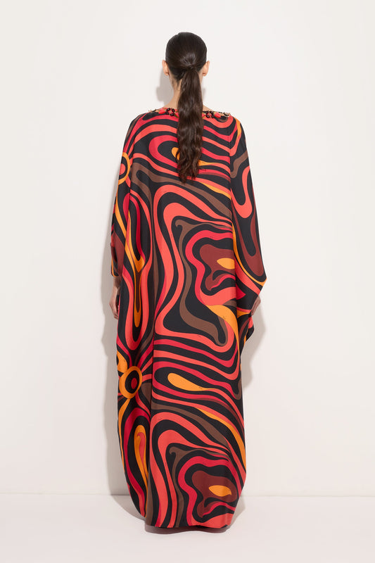 Embroidery Marmo Print Silk Kaftan