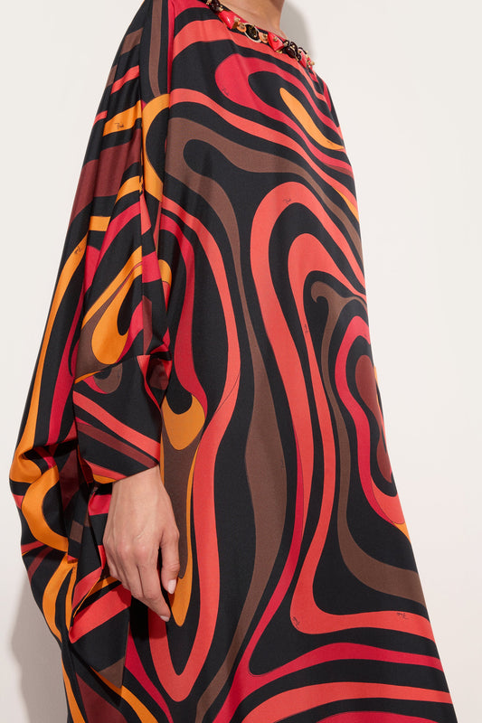 Embroidery Marmo Print Silk Kaftan