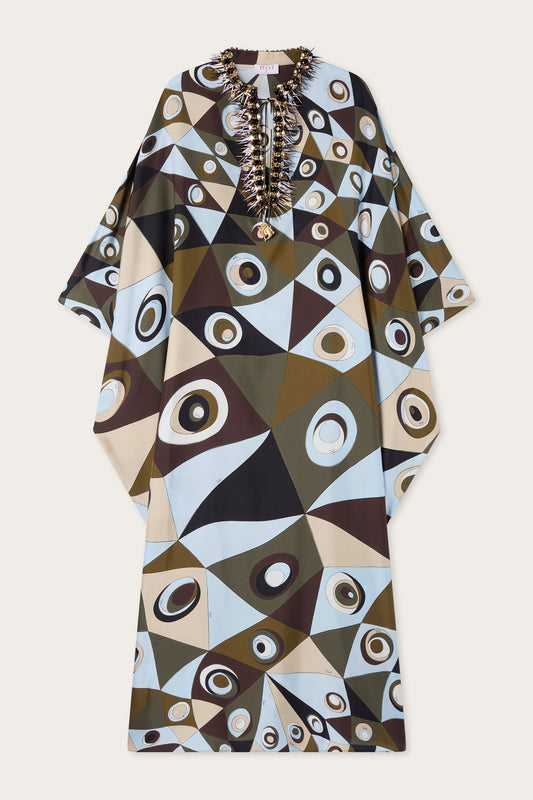 Occhi Print Silk Kaftan with Embroidery