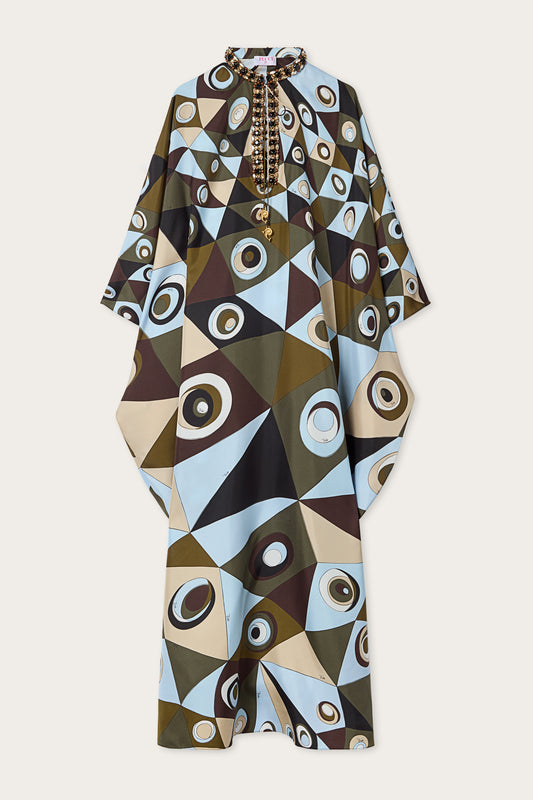 Caftano in Seta con Ricami in Stampa Occhi