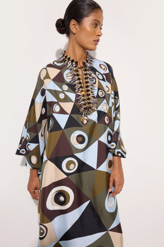 Occhi Print Silk Kaftan with Embroidery