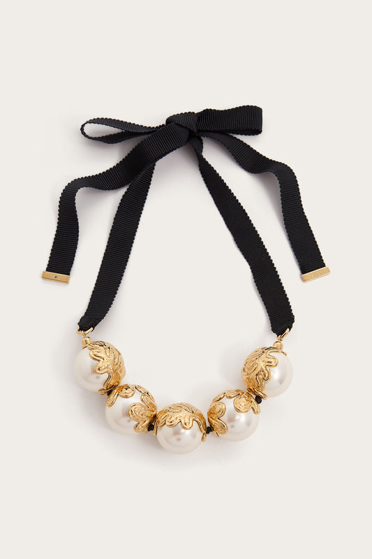 Necklace with Pearls and Brass Leaves