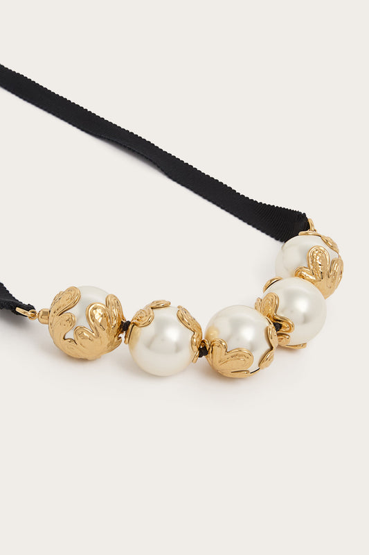 Necklace with Pearls and Brass Leaves