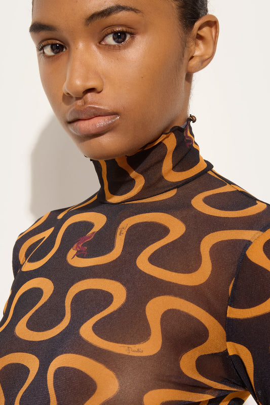 Onda Print High-Neck Tulle Top