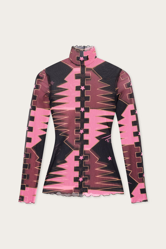 Valdimontone Print High-Neck Tulle Top