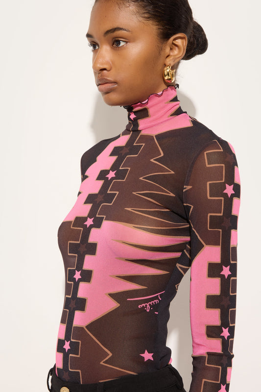 Valdimontone Print High-Neck Tulle Top