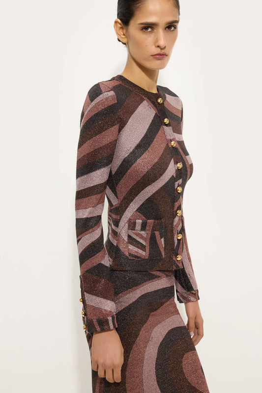 Cardigan in Jersey Lurex in Stampa Iride