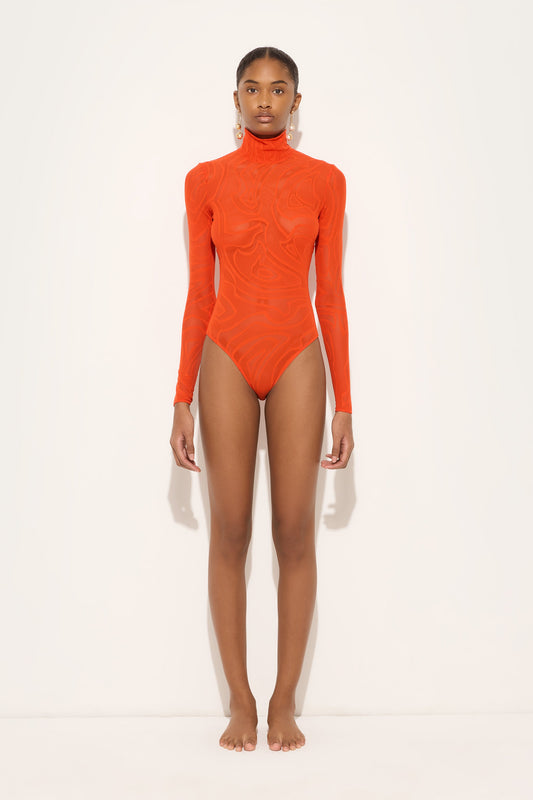 High-Neck Jacquard Tulle Bodysuit