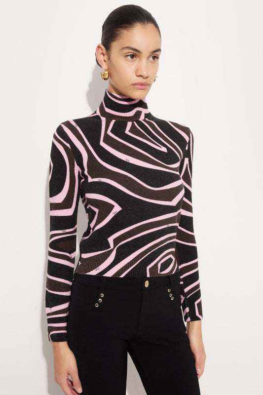 Top a Collo Alto in Lana in Stampa Labirinto