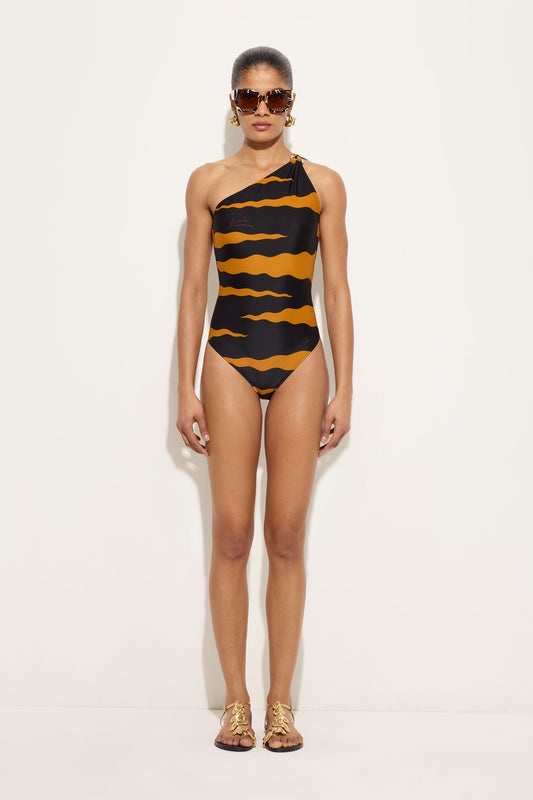 Costume Intero Monospalla in Stampa Fiamme