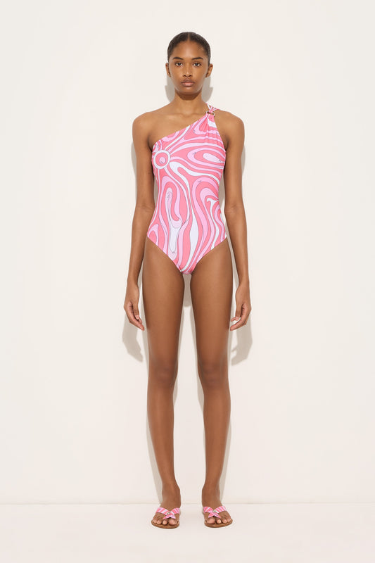 Marmo Print One Shoulder Swimsuit