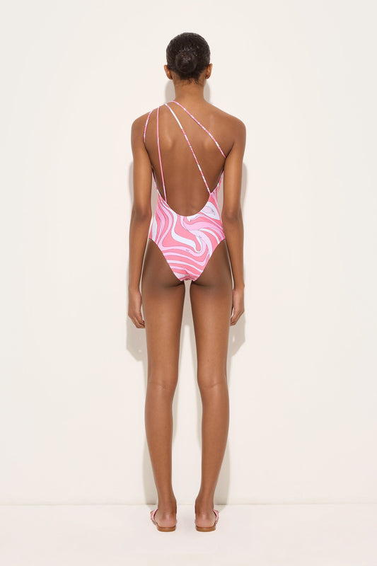 Marmo Print One Shoulder Swimsuit