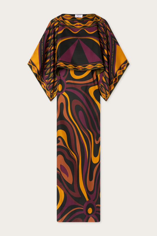 Marmo Print Silk Dress with Cape