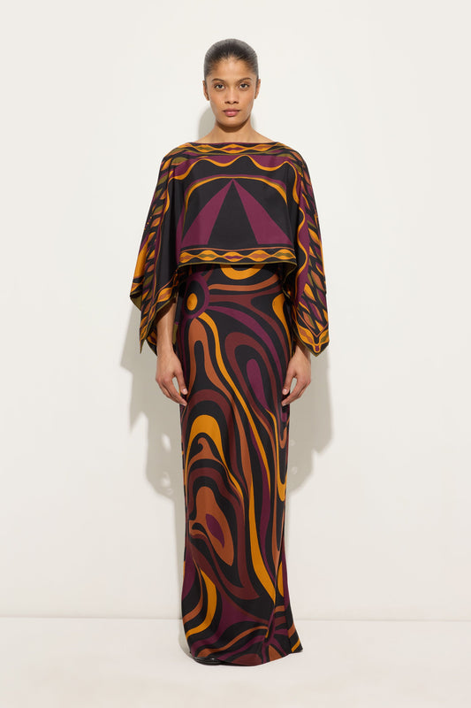 Marmo Print Silk Dress with Cape