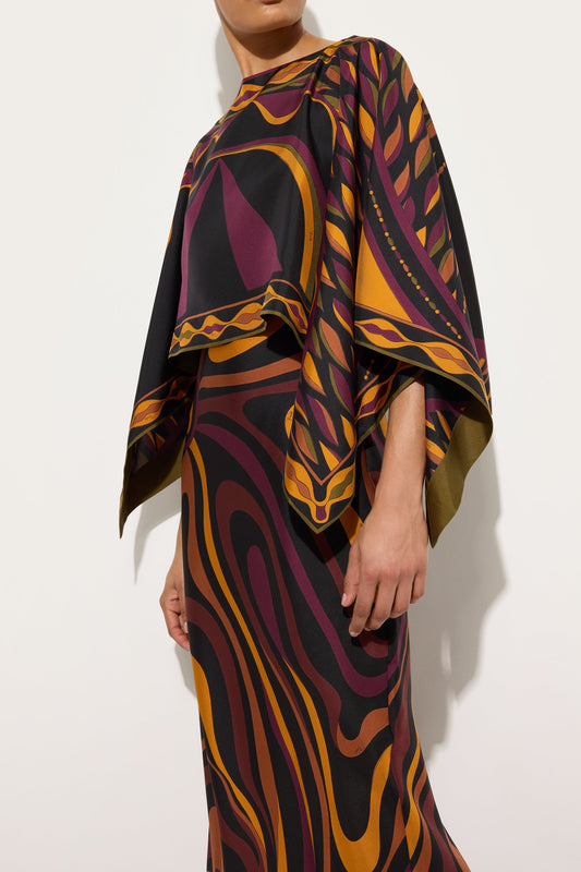 Marmo Print Silk Dress with Cape