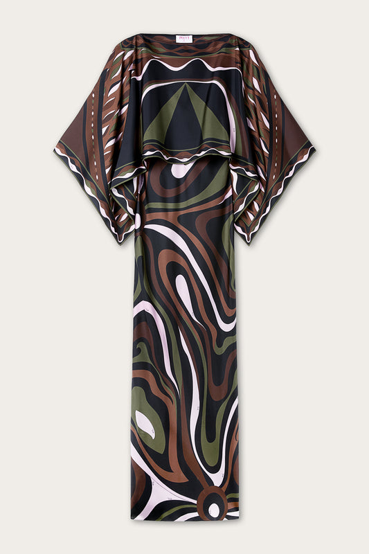 Marmo Print Silk Dress with Cape