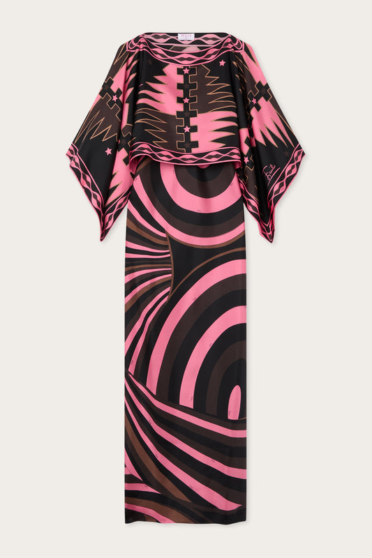 Iride Print Silk Dress with Cape
