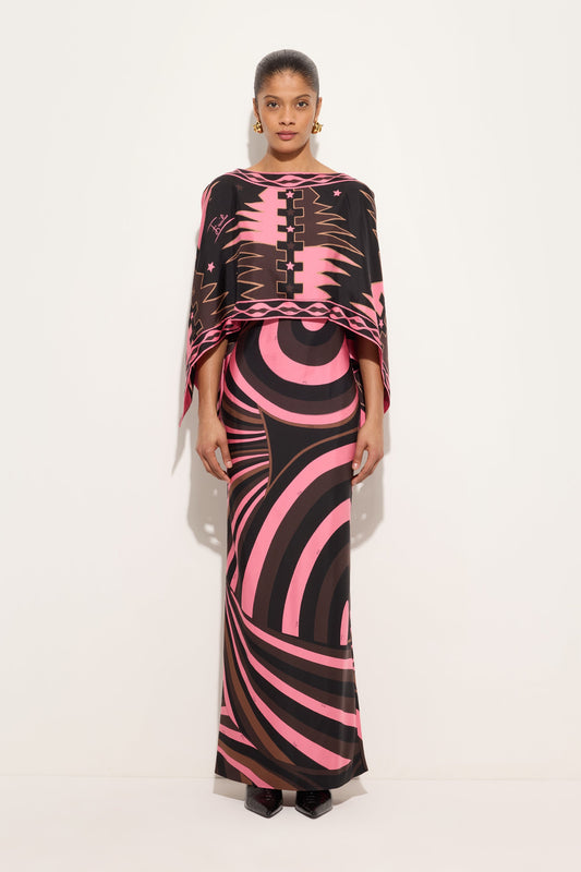 Iride Print Silk Dress with Cape
