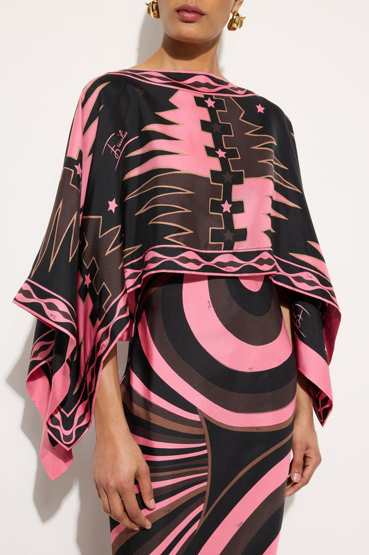 Iride Print Silk Dress with Cape