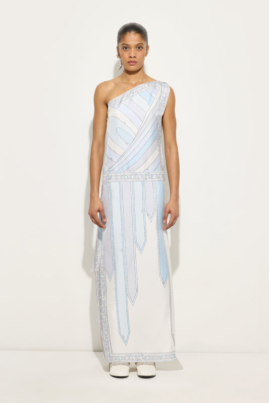 Iride and Nastri Print One-Shoulder Silk Dress