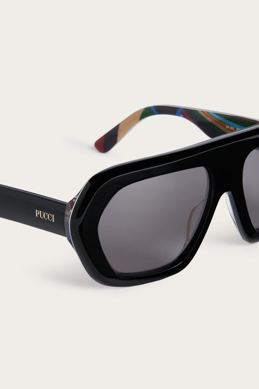 Geometric Sunglasses with Printed Temples