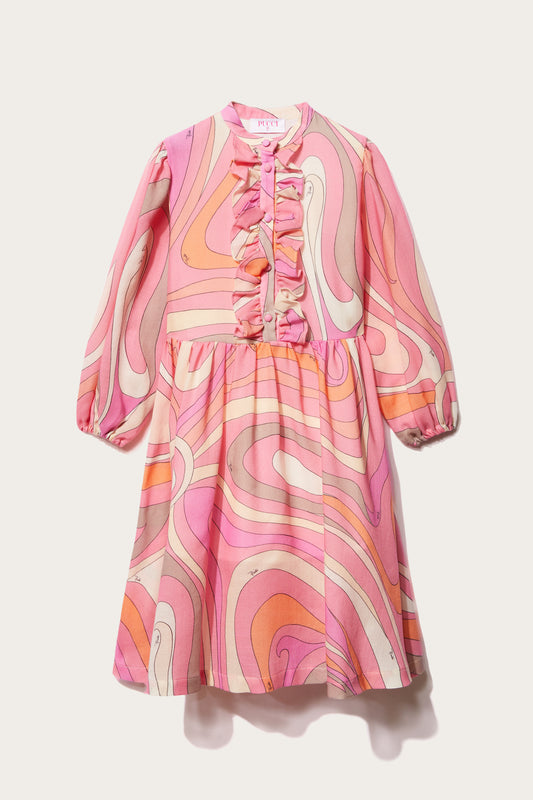 Marmo-Print Ruffled Wool Dress