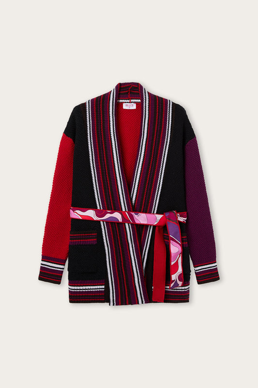 Cardigan con Cintura a Contrasto