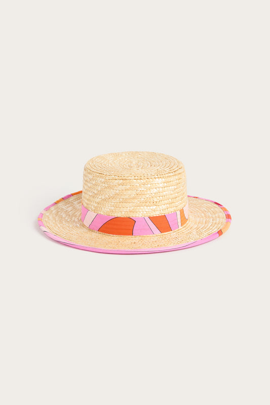 Straw Hat with Printed Ribbon