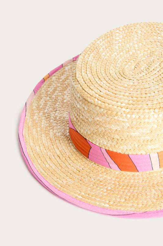 Straw Hat with Printed Ribbon