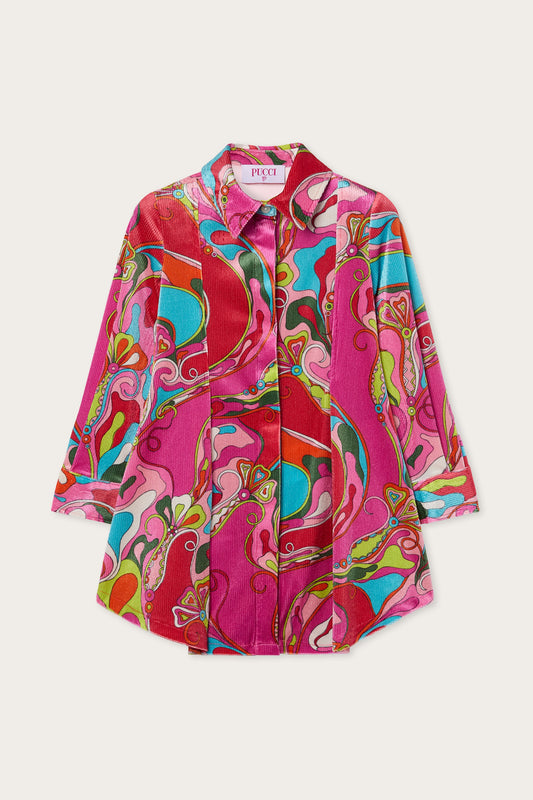 Orchidee Print Velvet Shirt Dress